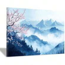 1Pc 2D Flat Misty Blue Mountain Pink Cherry Blossom Canvas Wall Art,Canvas Prints,Wall Decor,Wrapped Framed Canvas Print,Home Decor For Living Room,Bedroom,Study,Minimalist Oriental Landscape Art,Framed Ready To Hang - Framed - View 3
