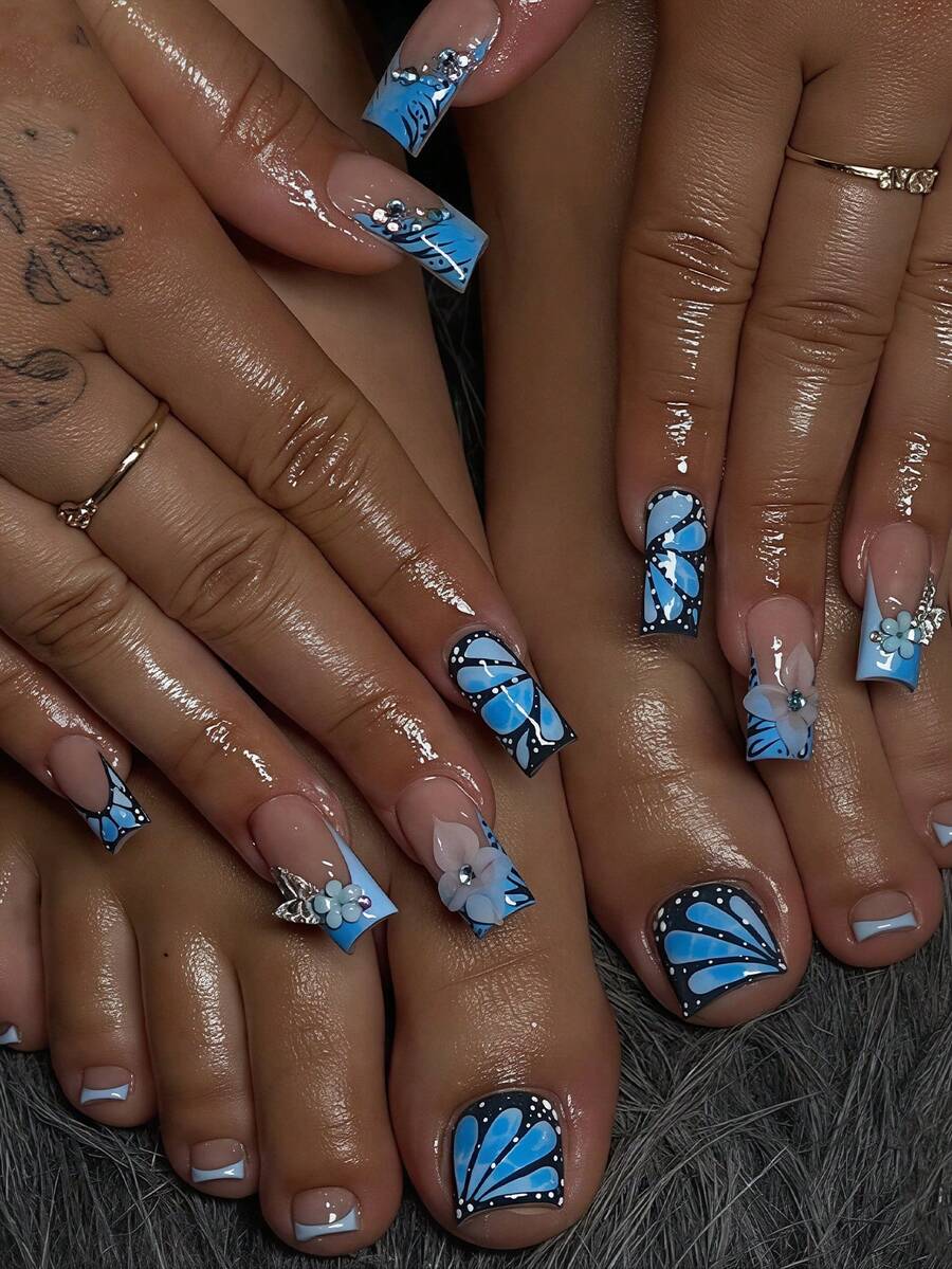 48pcs Elegant Blue & Black Butterfly, Black Stripe, Blue French, White Flower, 3D Silver Butterfly, Blue Flower, Blue & White Gradient French, Fashion White Polka Dot Butterfly Pattern Full Cover Fake Nails For Hands And Feet, Stiletto Shape, Includes 2 Jelly Glue Sheets And 2 Mini Nail Files, Jelly Glue Randomly Shipped - Blue - View 1