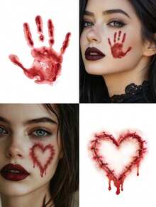 6PCS Halloween Butterfly Rivet Heart Stitch Blood Handprint Pentagram Pattern Halloween Makeup Costume Party Gift Face Arm Shoulder Neck Waterproof Tattoo Stickers - Red - View 3