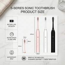 Escova De Dente Eletrica Recarregavel USB Sonica Impermeavel IPX7 Higiene Oral Portatil Bivolt Com Temporizador Automatico E Refis De Cerdas Macias Substituiveis - Preto - Visão 2