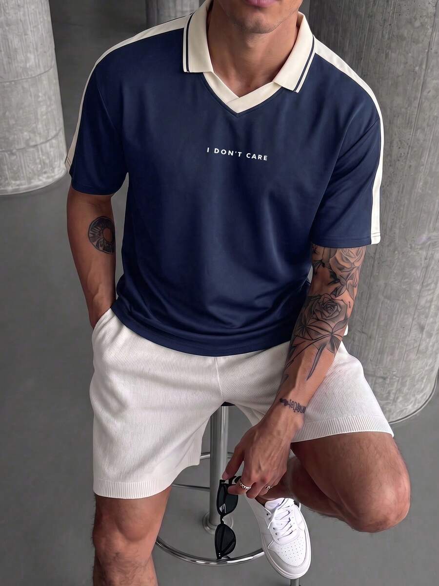 Men's Summer Versatile Fashion Contrast Color Minimalist English Letter Print Airplane Collar Loose Short Sleeve T-Shirt - Navy Blue - View 1
