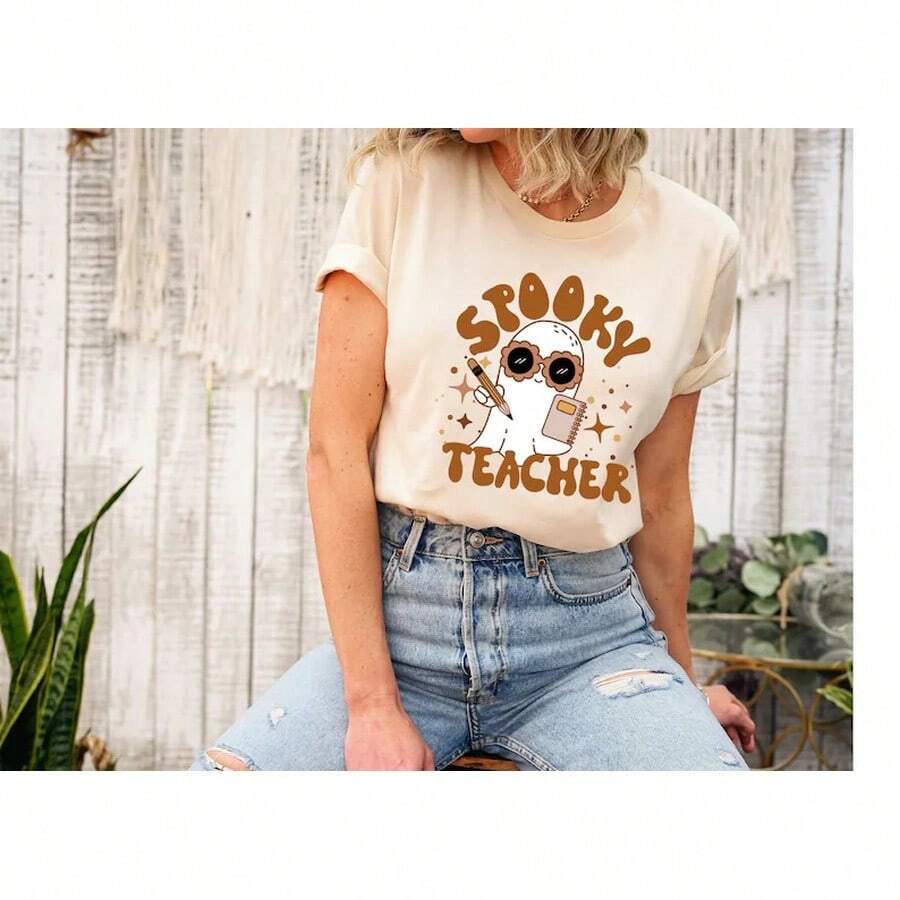 Halloween Sweatshirt, Spooky Teacher Sweatshirt, Spooky Teacher Shirt, Teacher Halloween Shirt,Teacher Ghost Shirt,Teacher Halloween CostumeUnisex - Apricot - View 1