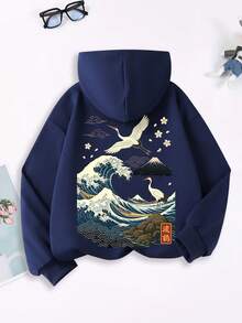 Japanese Street Style Ukiyo-E Boy Sweatshirt, Double-Sided Crane & Great Wave Mountain Pattern Back And Front Print, Soft Autumn/Winter Campus Top - Navy Blue - View 3