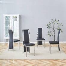 [Set Of 4] European Minimalist Dining Chairs With Silver Trim. Black PU Leather + Silver Metallic Frame - Black - View 2