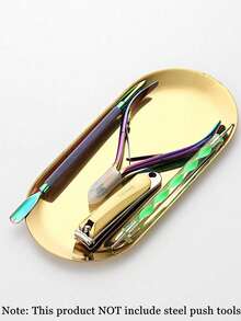 1pc Stainless Steel Disinfection Tray, Oval Mirror Metal Surface, Suitable For Storing Tattoo Tools, Nail Art Tools Accessories Or As Home Desktop Storage Tray - Gold - View 2