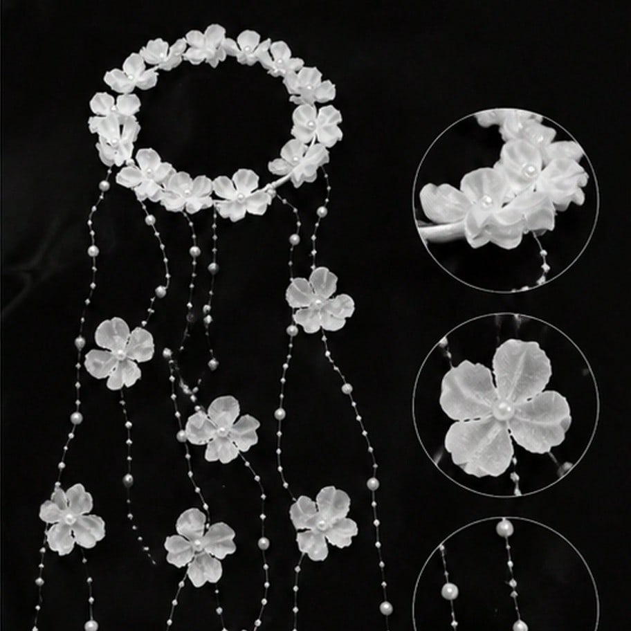1pc Bohemian White Petal Tassel Headpiece, Vintage Beaded Pearl Hairband, Suitable For Wedding And Photography Events