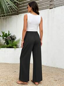 Women's Wide Leg Pants, High Waist Drawstring Elastic Waist Loose Pleated Wide Leg Pants, Casual Flowy Summer Long Pants - Black - View 4