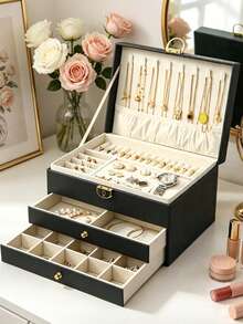 Caja de almacenamiento de joyas portátil de 3 capas, caja de regalo de joyas de cuero, caja de almacenamiento de escritorio con cajones, caja de almacenamiento apilable, caja de almacenamiento de joyas con cajones para tocador, adecuada para joyas, aretes, collares, pulseras - Joyero - Ver 5