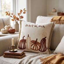 1pc/2pcs Pumpkin Embroidered Pillow Case, Rustic Textured Tassel Edge Cushion Cover, Autumn Cottagecore Home Decor - Multicolor - View 5