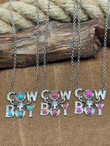 Vintage Western Cowboy Bull Head Turquoise Letter Long Necklace COWBOY Heavy-Duty Distressed Silver Pendant, Multiple Colors Available, American Country Music Festival Hot Girl Outfit Accessory, Outdoor Camping Road Trip Holiday Gift Jewelry - Western Cowboy - View 8
