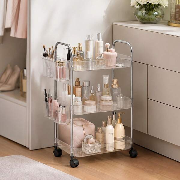 Senmeo Acrylic,3/4-Tier Rolling Utility Cart,Height Over 27 Inches,Detachable Hanging Storage Containers,Multi-Scene Organizer,Snack/Book/Makeup Holder,Bathroom/Bar Cart Decor