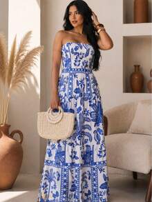 July Tropical Strapless Dress In Various Prints, 2025 Collection - Màu xanh lam - Xem 1