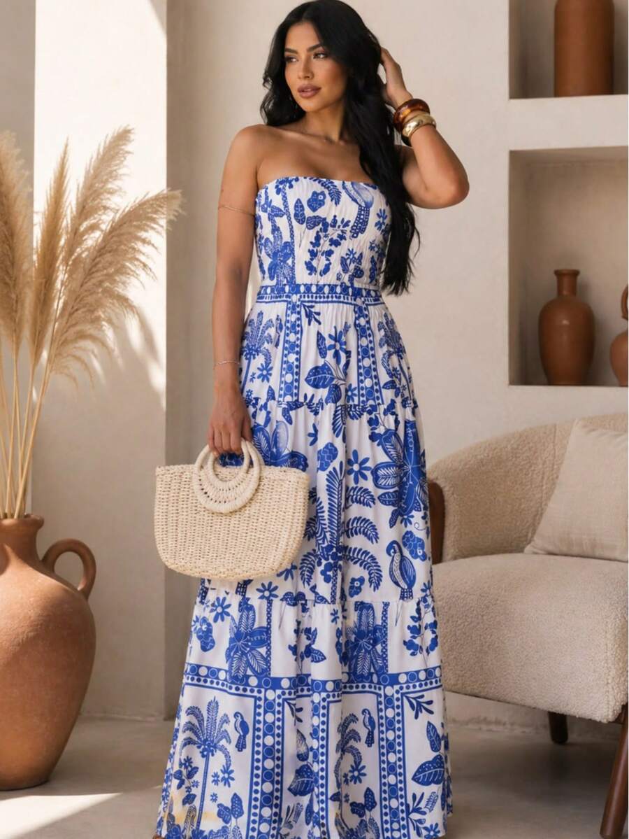 July Tropical Strapless Dress In Various Prints, 2025 Collection - Màu xanh lam - Xem 1