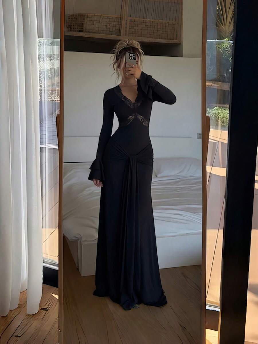 Halloween Elegant V-Neck Lace Trim Fitted Ruffle Sleeve Pleated Long Tie Dress - Black - View 1