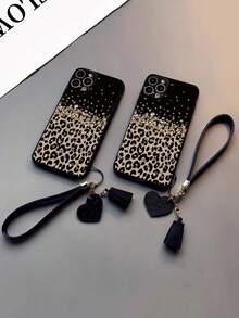 1pc Leopard Print Painted Thick Anti-Drop Phone Case Shell Protective Cover With Accessories, New Leather Heart-Shaped Hand Strap DIY Phone Case Pendant, Leather Rope Tassel Short Wrist Strap Charm Compatible With IPhone, Compatible With Samsung Galaxy / Compatible With Xiaomi 11/12 Pro, Compatible With Redmi - Multicolor - View 2