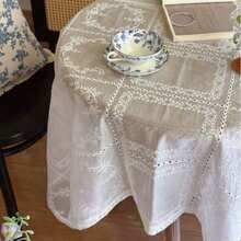 1pc Vintage French Embroidered Plaid Hollow Tablecloth, Semi-Transparent Sheer Hollow Table Runner, Home Round Table Afternoon Tea Photography Backdrop - Multicolor - View 5