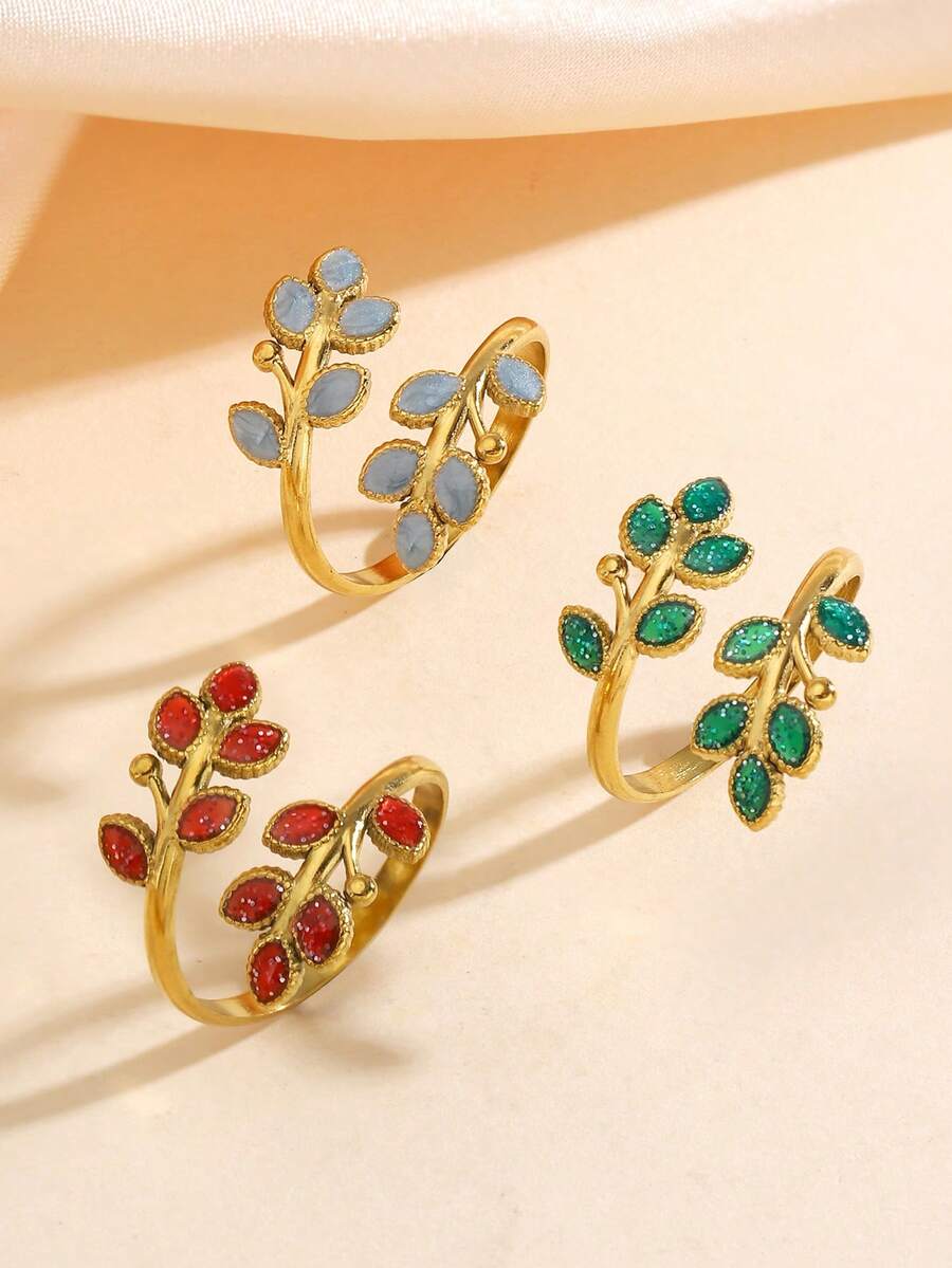 1pc Stainless Steel European & American Vintage Oil Drop Red/Green/Blue Leaf Open Ring, Suitable For Women's Daily Wear Or As A Gift - Multicolor - View 1