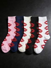 5 Pairs Women's Mid-Calf Socks With Lip Print Pattern, Elastic Design, Creative Fashionable Personalized, Thin Breathable Comfortable Moisture-Wicking Socks, Sports Casual Street Style Preppy Elegant Long Socks, Suitable For Daily Wear, Holiday Gifts, Party - Multicolor - View 12