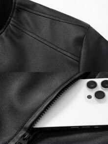 Men's Autumn/Winter Motorcycle PU Leather Jacket, Black Long Sleeve Zipper Motorcycle Style Sports Jacket - Black - View 6