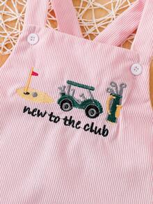 Infant Baby Pink Corduroy Overall Romper With Golf Cart Embroidery, Newborn Outing Bodysuit - Pink - View 5