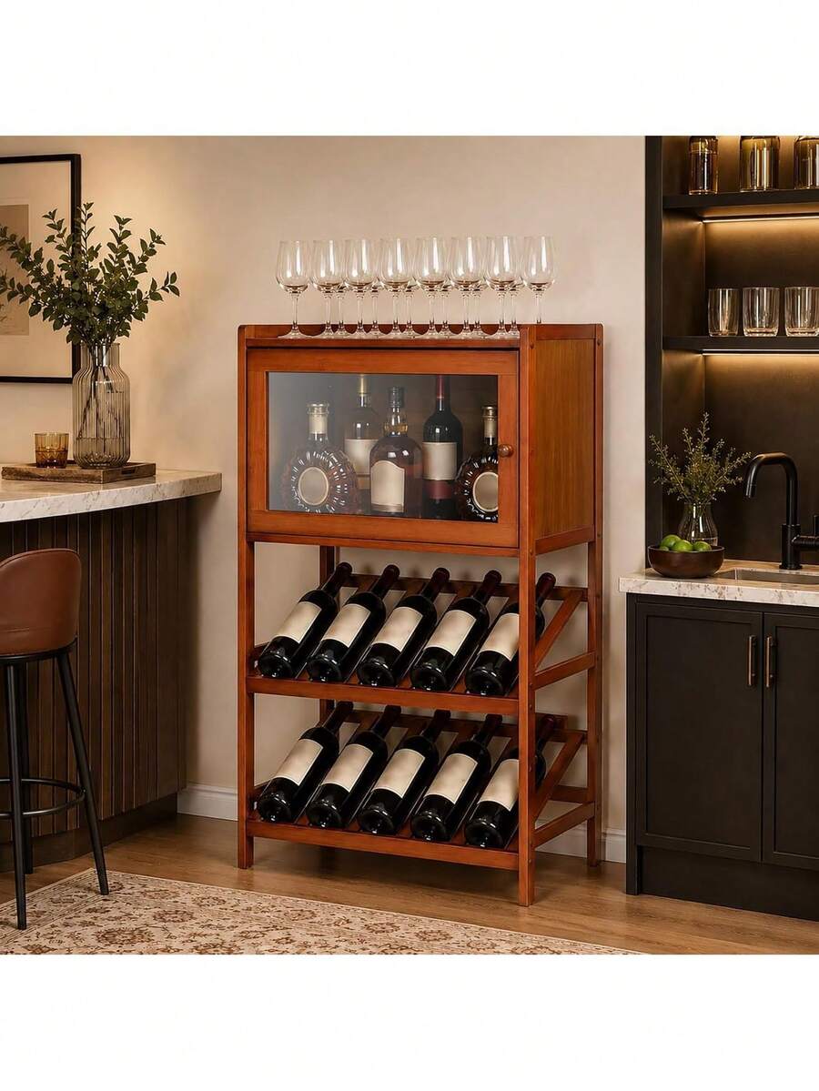 3 Tier Rustic Wine Rack Standing Floor With Tabletop And Storage Cabinet, Wobble Bar Cabinet For Liquor And Glasses, Bamboo Liquor Shelf For Home Bar Kitchen Cellar Living Room,45790292 - View 1