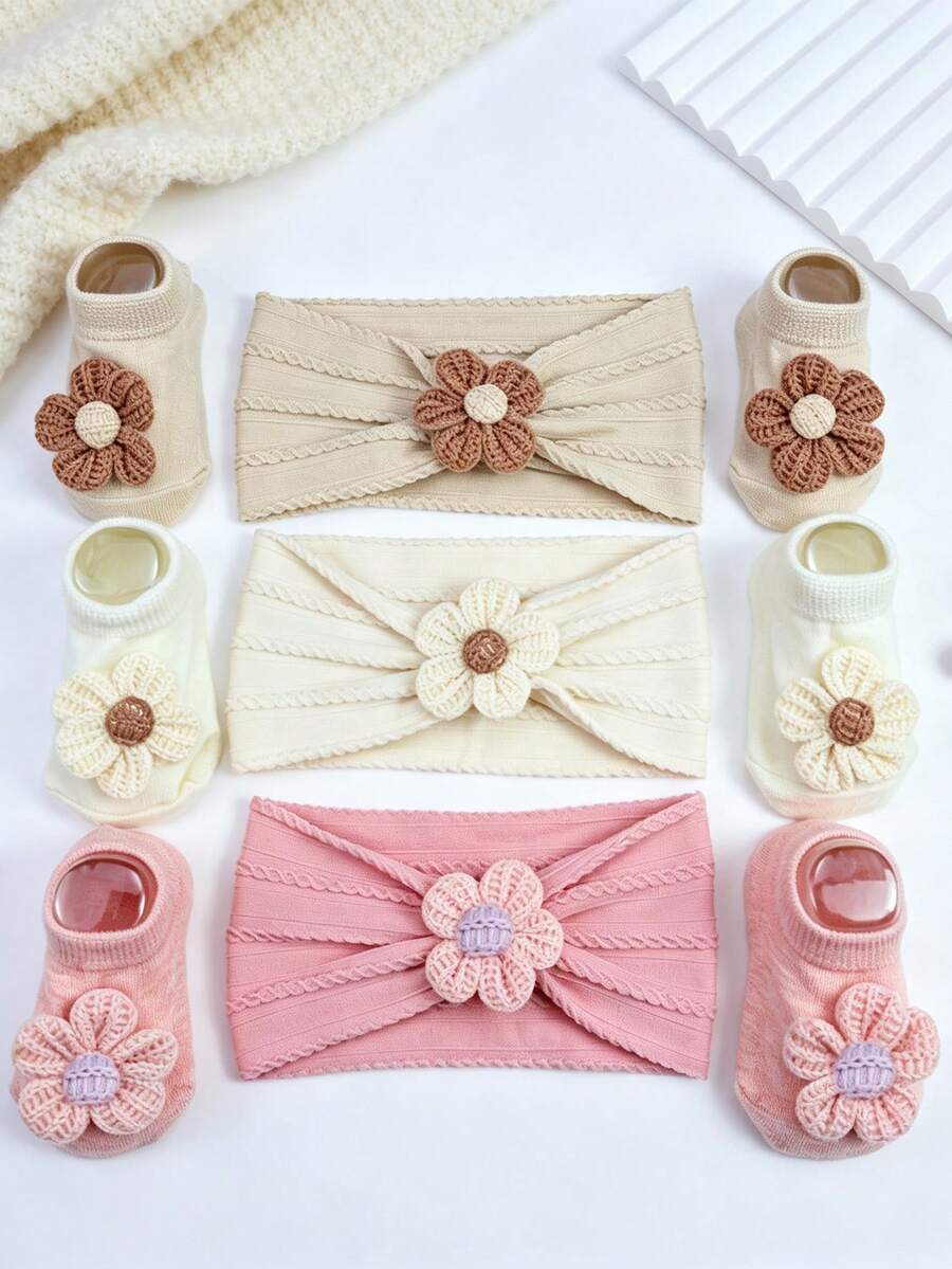 3pcs Baby Milk Coffee Sunflower Nylon Headband & Solid Color Anti-Slip Short Socks Cute Soft Set - Multicolor - View 1
