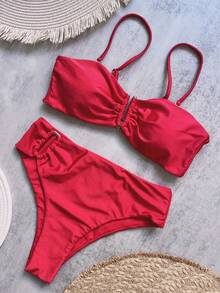 Women's Solid Color Bandeau Tie Up Metal Decor Bikini Swimwear Set Vacation Beach Summer Red - Red - View 3