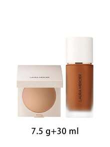 Laura Mercier [حزمة] بودرة مضغوطة مثالية مضيئة حقيقية خالية من العيوب متوسطة 7.5 جرام + كريم أساس مثالي خفيف الوزن مقاوم للماء حقيقي خالي من العيوب 6W1 غاناش 30 مل - غاناش متوسط + 6W1 - مشاهدة 2
