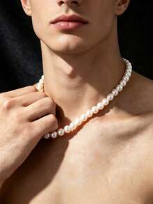 1pc White Fashionable Faux Pearl Beaded Necklace For Men's Daily Wear - Black - View 5