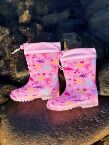 Botas de lluvia con brillo a prueba de agua con diseño de flamenco para niñas, zapatos de lluvia antideslizantes para exteriores, cómodos con cordones de ajuste, aptos para todas las estaciones - Rosa - Ver 9