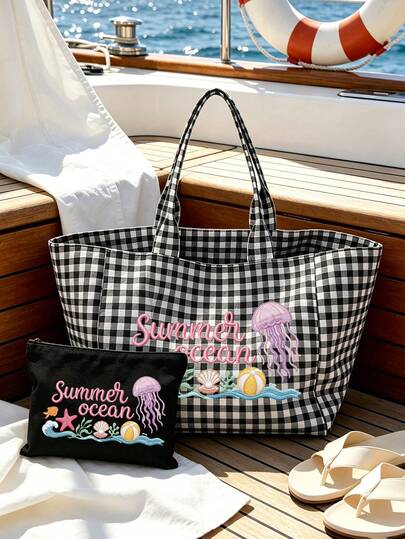 Large Capacity Plaid Tote Bag Set, Summer Theme Pattern Faux Embroidery Print (2D), Women's Fashion Shoulder Bag, Lightweight Summer Travel Beach Bag, Multi-Functional Shopping Bag, Portable Cosmetic Bag, Toiletry Bag, Suitable For Office, Vacation, Business Trip, Shopping, Campus And Other Occasions, Used For Storing Daily Necessities, Swimwear, Cosmetics, Suitable As Summer Holiday Gift, Back To School Gift, Birthday Gift, Teacher's Day Gift