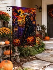 1 pieza Bandera de jardín de lino de Halloween, con estampado de vidriera de la parca, calabaza, cuervo, luna llena, puerta del cementerio y telaraña, con funda para poste, decoración gótica para exteriores para césped, porche, patio, camino, casa embrujada y decoración de fiesta de Halloween - Multicolor - Ver 1