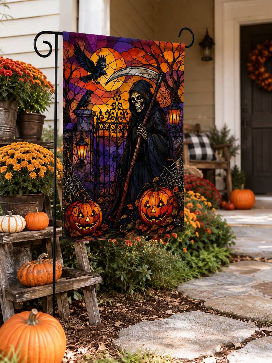 1 pieza Bandera de jardín de lino de Halloween, con estampado de vidriera de la parca, calabaza, cuervo, luna llena, puerta del cementerio y telaraña, con funda para poste, decoración gótica para exteriores para césped, porche, patio, camino, casa embrujada y decoración de fiesta de Halloween - Multicolor - Ver 1