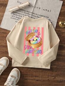 Girls Glitter Dumpling Cartoon Back Print Long Sleeve Tee, Casual Crew Neck T-Shirt - Apricot - View 3