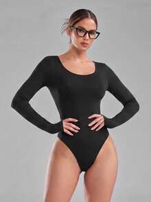 imisic Sexy Long Sleeve Round Neck Hollow Back Design Women's Bodysuit. Essential For Going Out, A Body-Shaping Style. Tight-Fitting Round Neck Long Sleeve Bodysuit, Suitable For Sports, Home And Daily Activities - Black - View 4