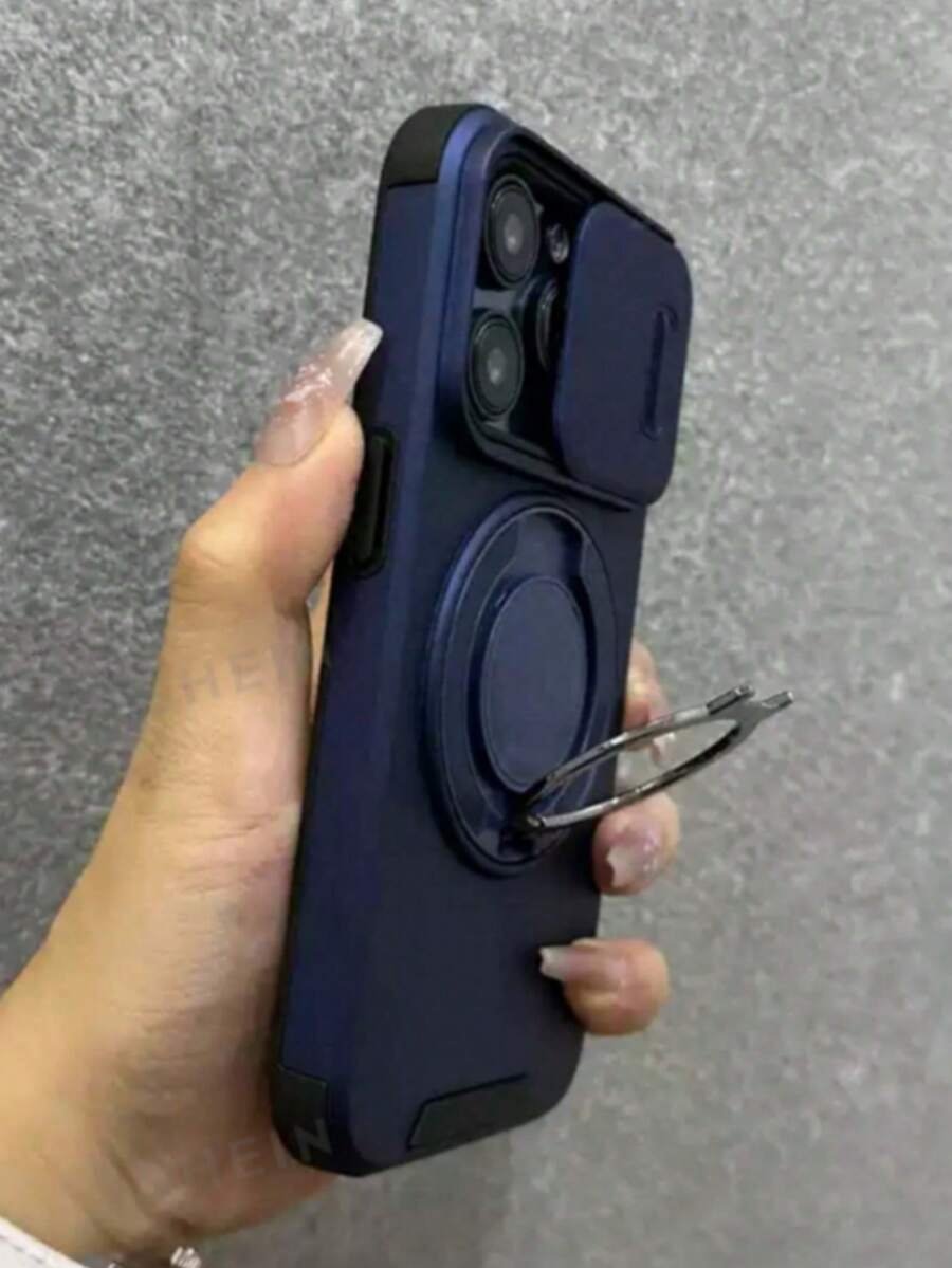 1 buah Casing Ponsel Mewah, Kokoh, Tahan Lama, Lapis Baja, dengan Stand Magnetik, Casing Ponsel Korea, Kompatibel dengan iPhone 17ProMax 17Pro 17 16Pro Max 16Pro 16 15 14 13 12 11 Pro Max Plus, Casing Ponsel PC dengan Pelindung Kamera Geser - Navy Blue - View 1