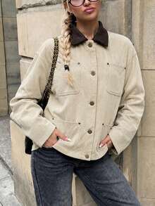 Vintage Colorblock Lapel Off-White Utility Jacket Women Loose Fit Multi-Pocket Casual Shirt Jacket - Apricot - View 6