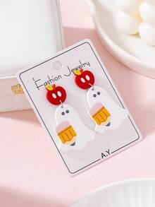 1 Pair Halloween Academy Style Cute Ghost, Pencil, Apple Enamel Design Fashion Earrings For Women, Suitable For Holiday Party Wear And Gift - Multicolor - View 2