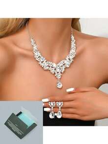Bộ 1 dây chuyền và bông tai thời trang phong cách phóng khoáng đính pha lê, kim loại đính đá rhinestone toàn bộ, phù hợp làm phụ kiện cho váy cưới cô dâu và đầm dạ hội - trắng - Xem 11