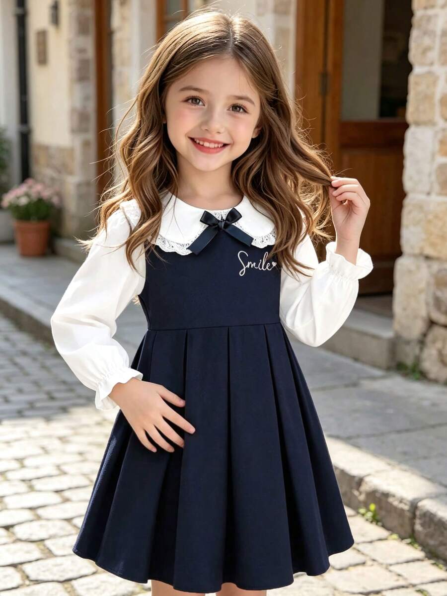Galaxy Graffiti 4-7 Years Old Girls Dress, Spring/Autumn New Peter Pan Collar Bow Letter Embroidery Long Sleeve Dress, Campus Daily Wear/ - Navy Blue - View 1