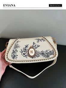 2026新款女款高級優雅復古小眾設計刺繡腋下斜挎包，重工五金鏈條包，時尚通勤PU材質 - 米色 - 查看 3