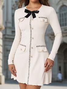Women's Fall Winter Cream Round Neck Long Sleeve Mini Dress, Tweed Trim Bow Pearl Button Elegant Style For Office Dating Wedding Guest Wear - White - View 4