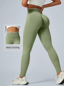 NcmRyu Women's 1pc Contrast White Trim Seamless Waist-Cinched Butt-Lifting Sports Leggings - Army Green - View 3