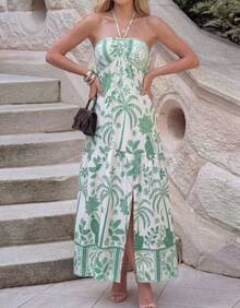 Vestido Longo Feminino Amarração Pescoço Floral Praia Verão - Verde - Visão 5