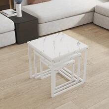 3-Piece Stackable Nesting Tables Set – Marble-Effect MDF Tops With Sleek Metal Frames, Compact Sofa Side Tables For Living Room, Space-Saving Design, Modern Minimalist Style - White In Golden Frame - View 7