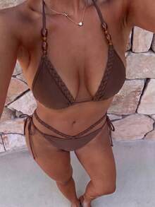 Bikinx طقم بيكيني نسائي بأسلوب بوهيمي أنيق برقبة معلقة وربطة، ملابس سباحة عالية المرونة للعطلات والشاطئ الصيفي باللون البني - بني - مشاهدة 6