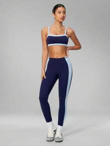 MFVIM Colorblock Backless Bra 2pcs Set, High Waist Butt Lifting Slimming Cropped Length Leggings Shaping Yoga Workout Outfit For Women - Navy Blue - View 8