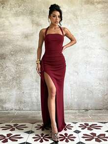 Women's Solid Color Halter Neck Cocktail Party Dress With Slit Design - Burgundy - View 6