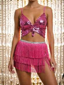 Sequin Crop Top With Multi-Layer Fringe Hip Scarf, Y2K Music Festival Party Waist Skirt 2 Pieces Set (Multiple Colors Available) - Multicolor - View 4