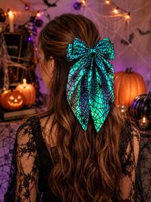 A Halloween Spider-Web Bowknot Hairpin For A Gothic-Style Party Accessory With Flowing Ribbon And Spring Clip. - Green - View 4